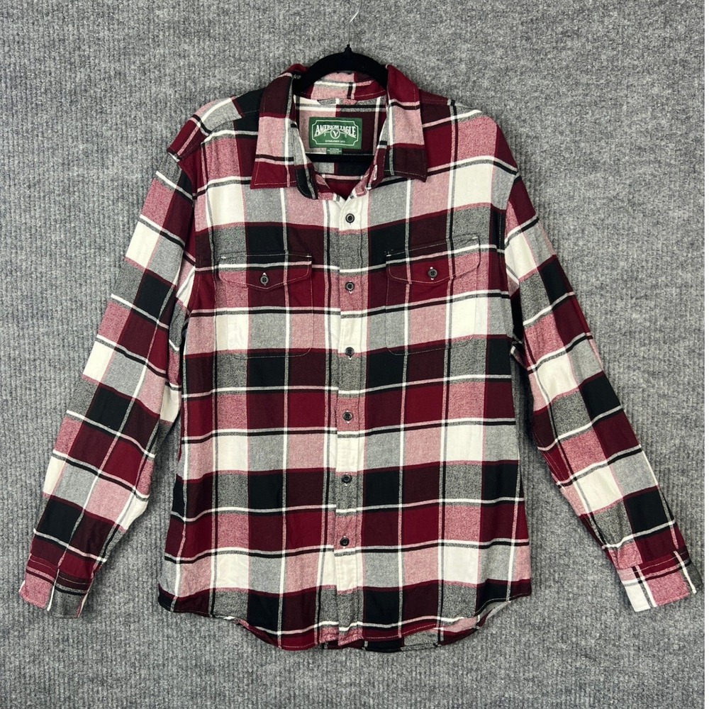 American Eagle Lumberjack Grunge Plaid Flannel Shacket Burgundy Black Mens XL